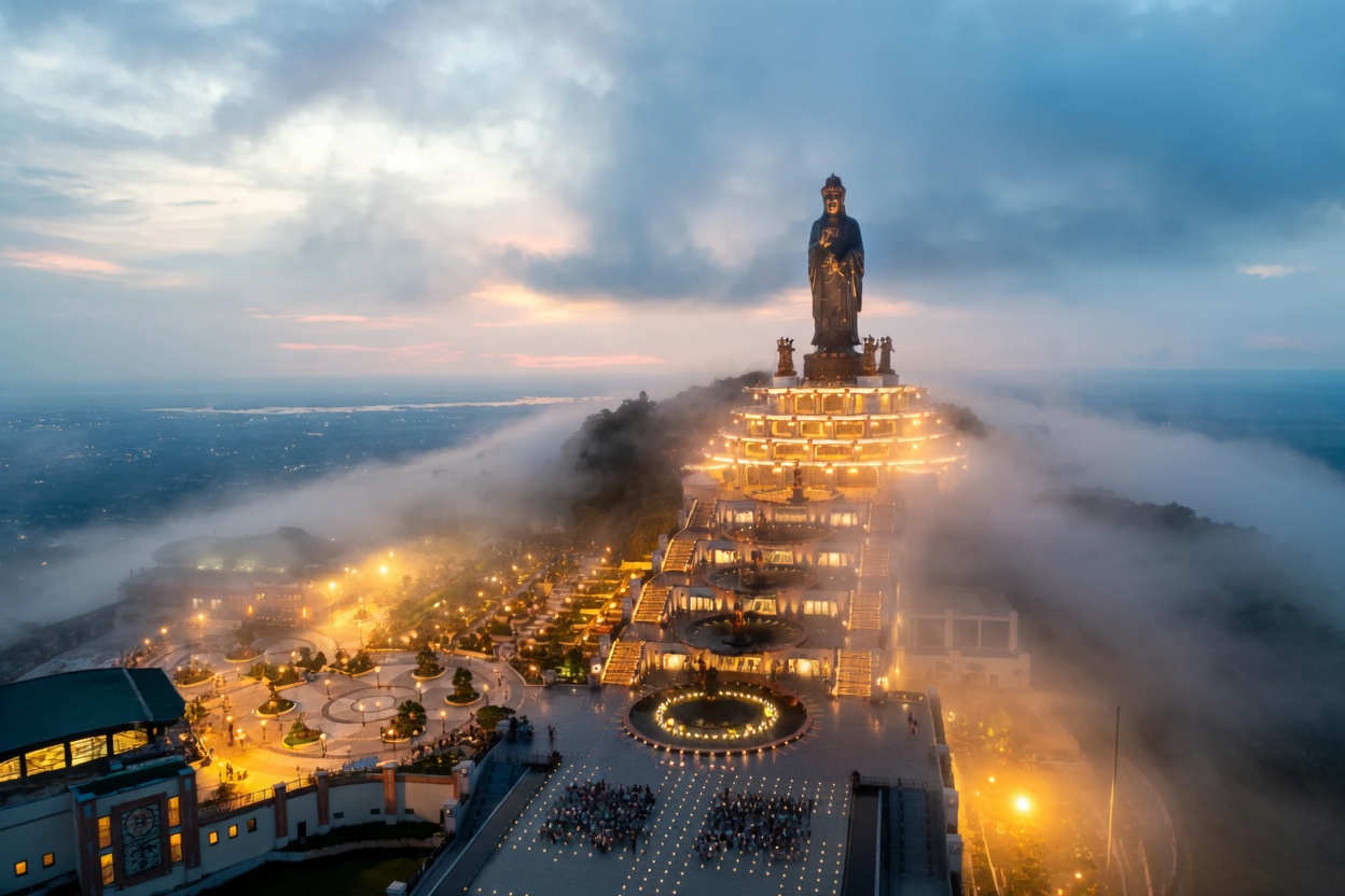 Ba Den Mountain rising above the plains of Tay Ninh with pilgrims ascending to the summit temple